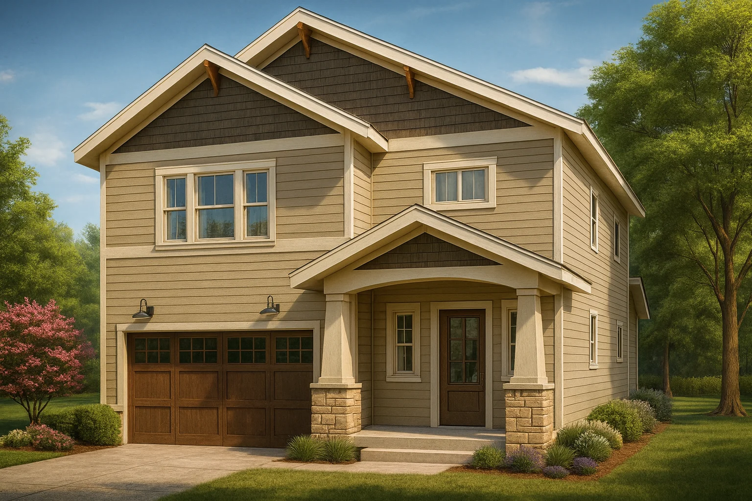 Front view of a two-story Modern Craftsman style house featuring horizontal lap siding, stone accents, and decorative gable detailing