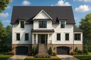 House Plans with Open Floor Plan 11 Front elevation of a Modern Farmhouse with board and batten siding, stone foundation, black windows, and dual garage design