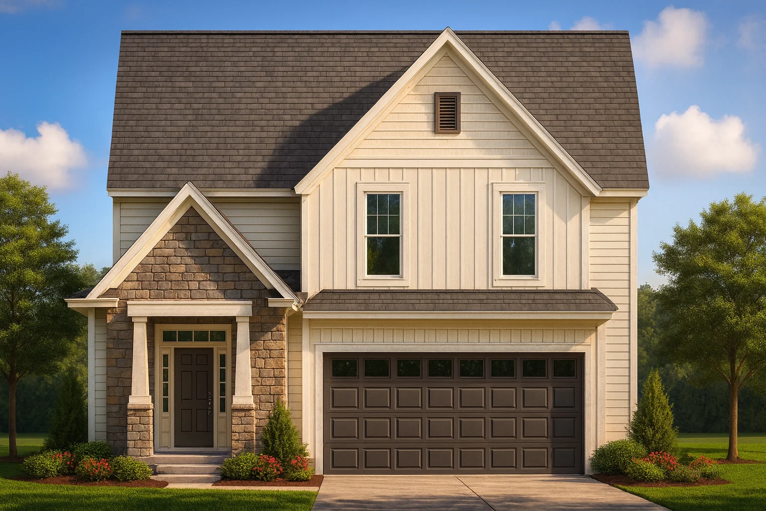 Front view of a Modern Farmhouse style home featuring board and batten siding, stone porch accents, and a symmetrical 2-story elevation with double garage