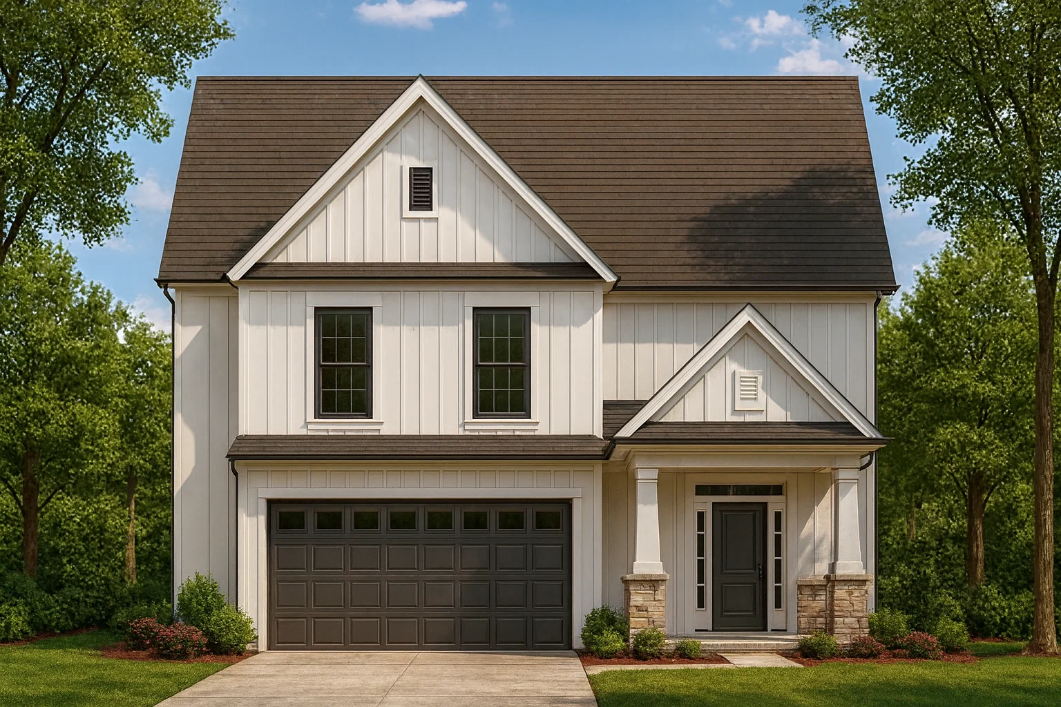 Front elevation of a Modern Farmhouse style home featuring clean board and batten siding, gable rooflines, and stone foundation accents for added curb appeal
