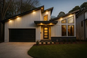 Front elevation of a Modern Farmhouse style home featuring contemporary rooflines, board and batten siding, and expansive glass windows with warm exterior lighting