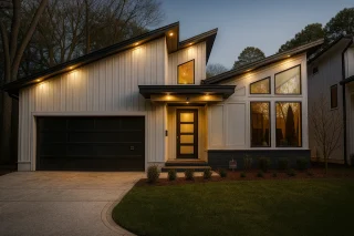 Front elevation of a Modern Farmhouse style home featuring contemporary rooflines, board and batten siding, and expansive glass windows with warm exterior lighting