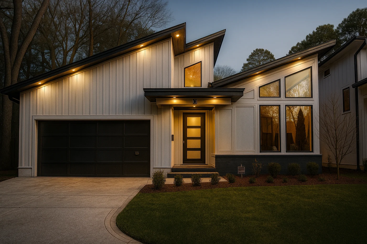 Front elevation of a Modern Farmhouse style home featuring contemporary rooflines, board and batten siding, and expansive glass windows with warm exterior lighting