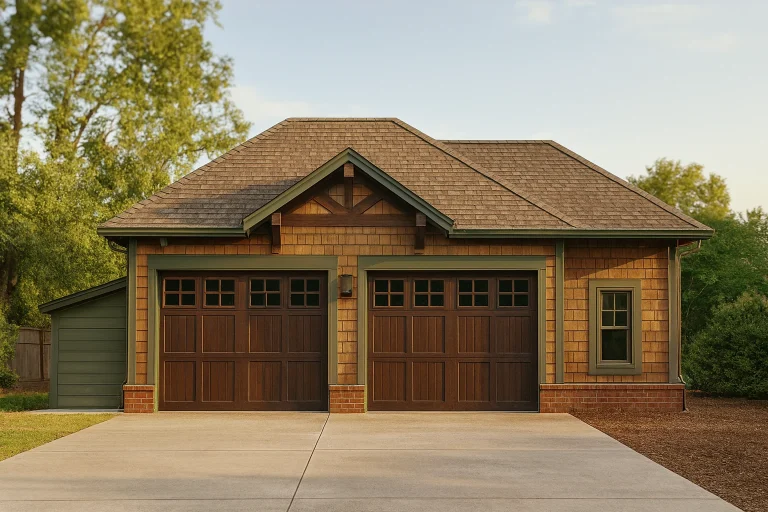 Front elevation of Craftsman 2-car detached garage with brick base, horizontal lap siding, and wood carriage-style garage doors