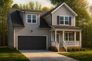Front view of a Traditional two-story home featuring gray horizontal lap siding, black shutters, covered front porch, and attached two-car garage
