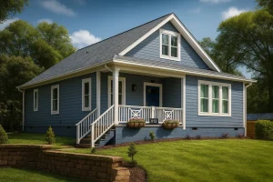 Front view of a Traditional Cottage style house with blue lap siding, white trim, gable dormer, and inviting covered porch entry