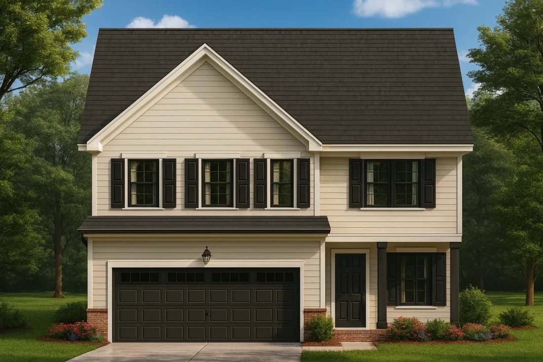 Front elevation of a Traditional Colonial style home featuring horizontal lap siding, black shutters, and brick base detailing beneath a gabled roofline