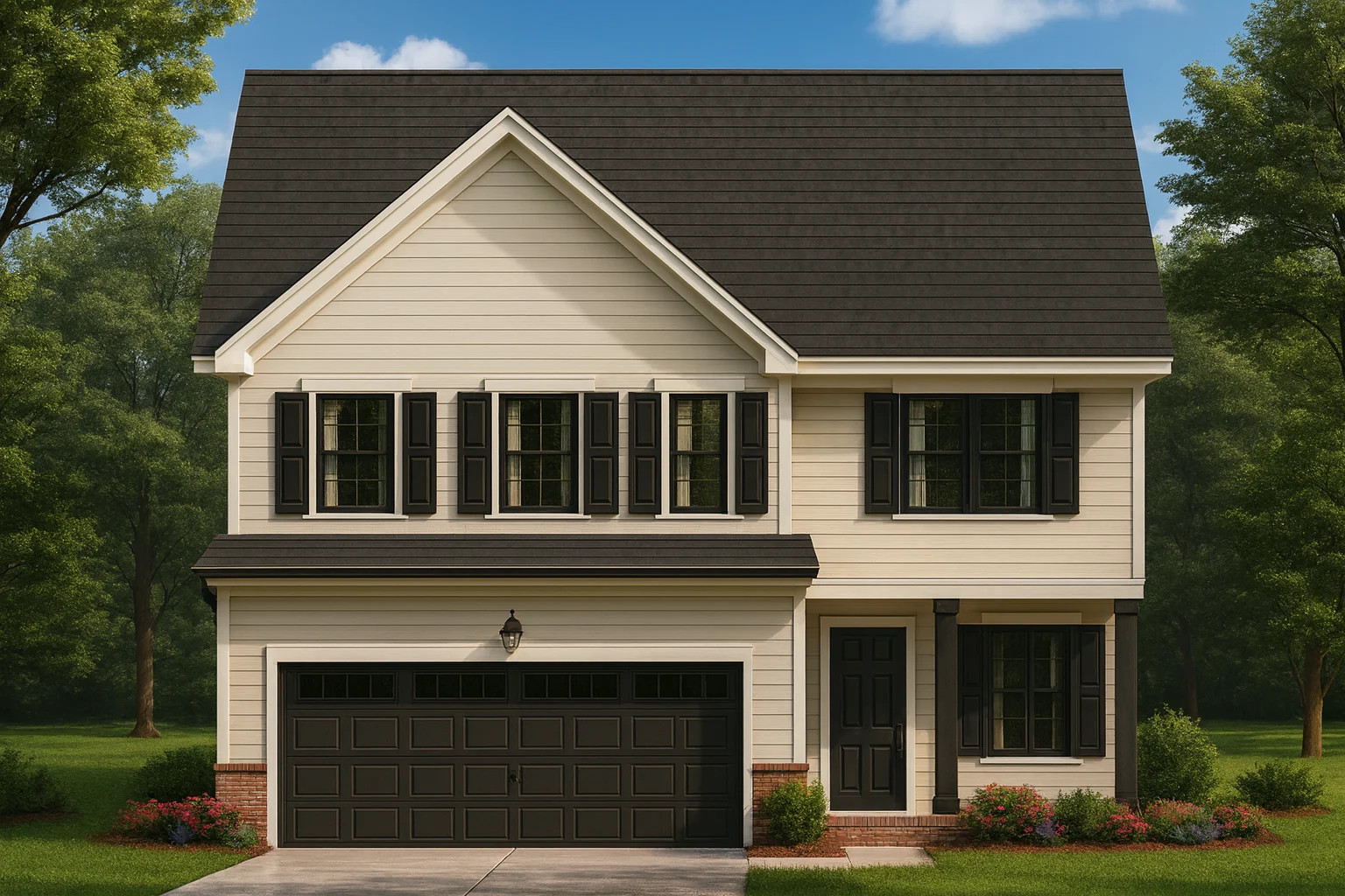 Country Farmhouse Plans 4 Front elevation of a Traditional Colonial style home featuring horizontal lap siding, black shutters, and brick base detailing beneath a gabled roofline