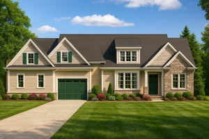Front view of a Traditional Craftsman style home with siding and stone exterior, gable roofs, and green shutters