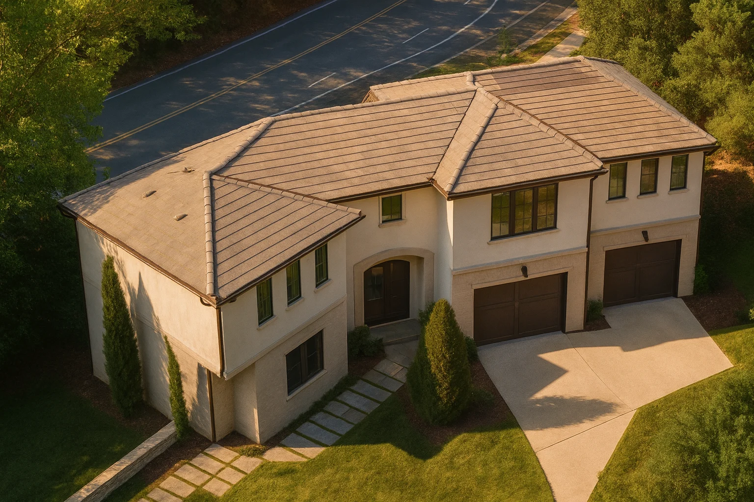 Front elevation of a luxury Mediterranean Italianate style home with smooth stucco exterior, clay tile roof, and symmetrical two-story design