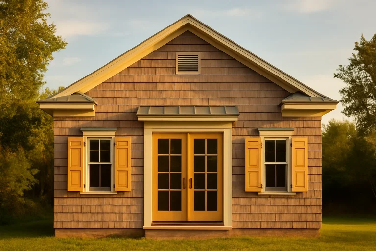 Front elevation of a Shingle Style Coastal Cottage with cedar shingle siding, wood shutters, and centered French door entry