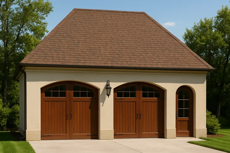 French Country style carriage house garage with smooth stucco exterior, arched openings, and wood carriage doors