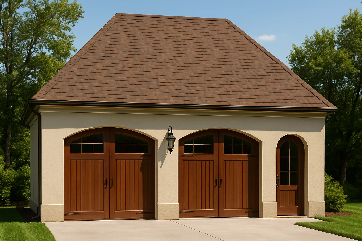 Front elevation of a French Country style carriage house garage with smooth stucco exterior, arched wood garage doors, and hipped roof