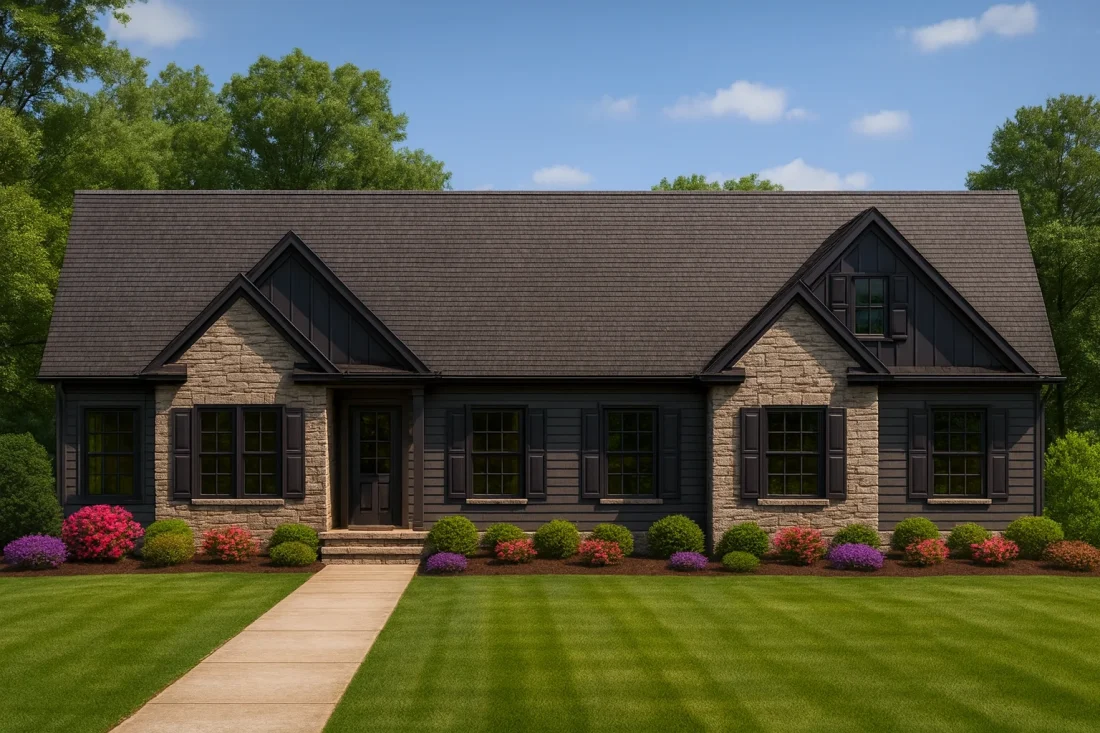 Front view of a Traditional Ranch style home featuring stone and horizontal siding, symmetrical windows, and classic gable rooflines surrounded by lush landscaping