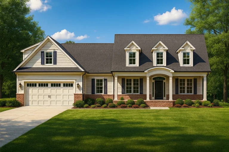 Front elevation of a Traditional Colonial and New American style home featuring a balanced façade with brick base, horizontal siding, dormer windows, and a welcoming covered porch entry