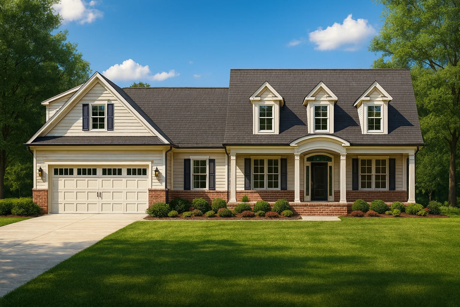 Country Farmhouse Plans 15 Front elevation of a Traditional Colonial and New American style home featuring a balanced façade with brick base, horizontal siding, dormer windows, and a welcoming covered porch entry