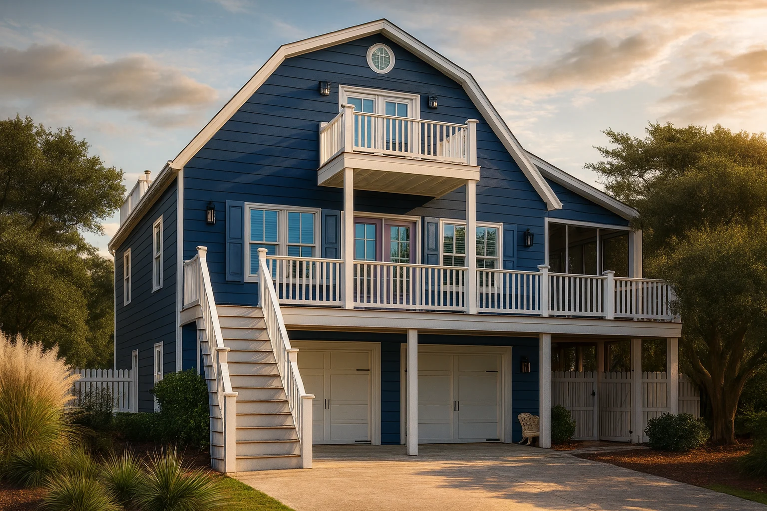 Front view of Coastal Dutch Colonial style beach house with blue horizontal siding, white railings, and gambrel roof design