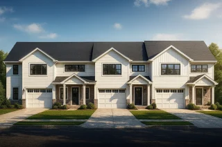 Front elevation of a Transitional Traditional townhouse with board and batten siding, brick base, and symmetrical modern detailing