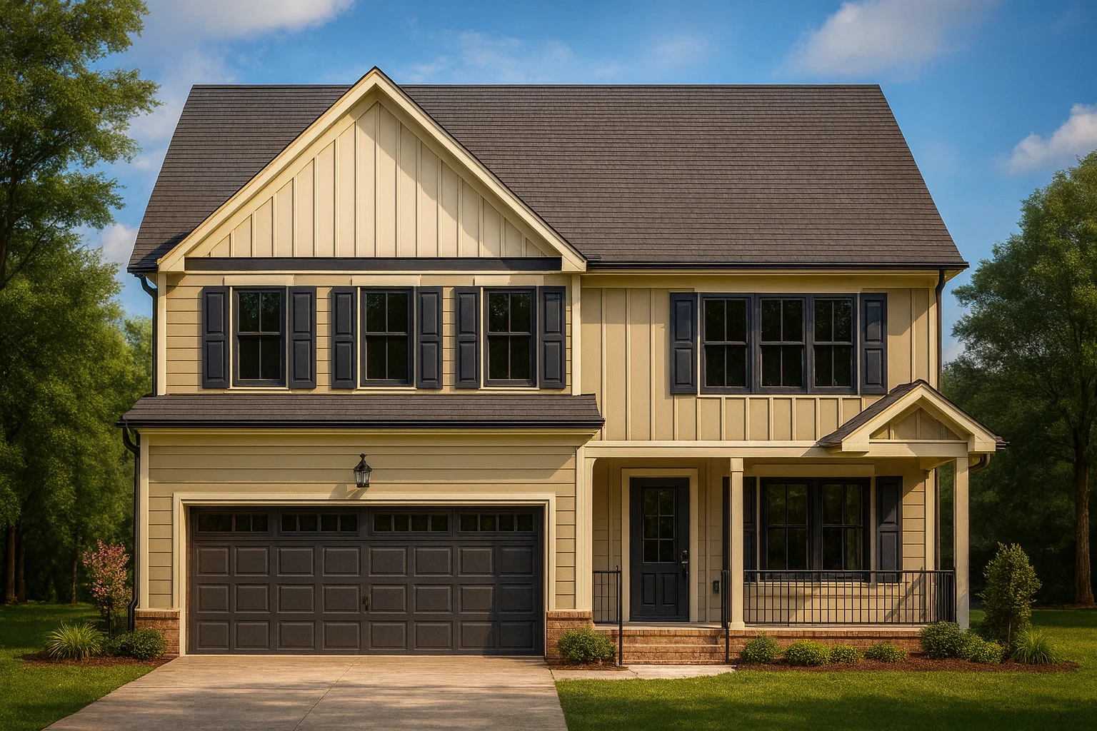 Front view of a Traditional Modern Farmhouse with board and batten siding, black shutters, and covered front porch entry