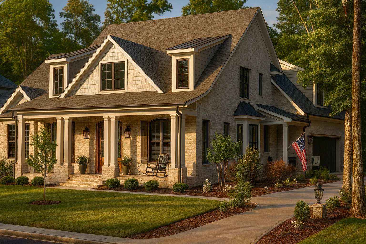Front elevation of New American style home with brick exterior, gabled rooflines, covered front porch, and Colonial Revival detailing