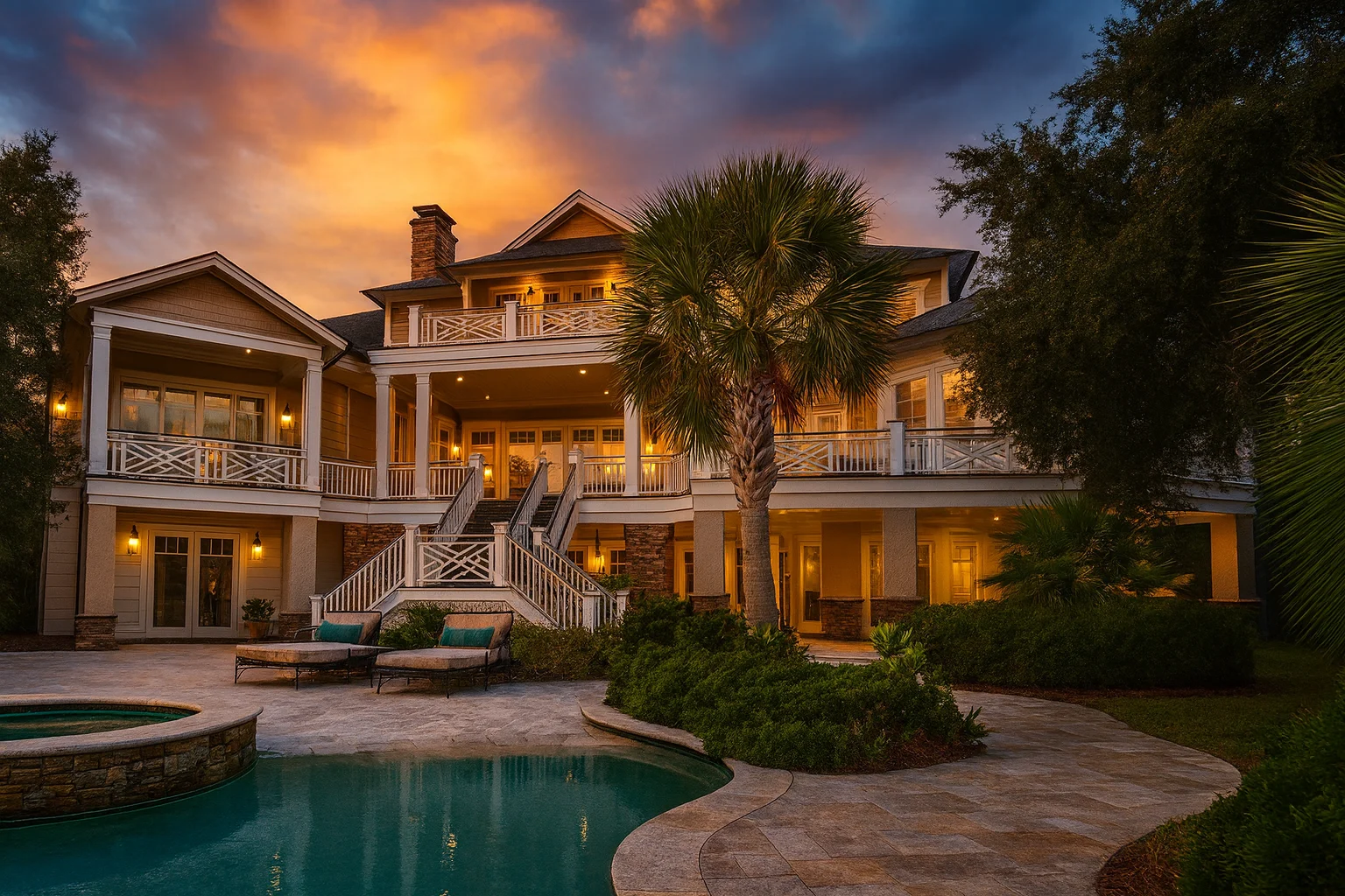 Front view of a coastal luxury house featuring shingle siding, expansive balconies, warm lighting, and resort-style outdoor living