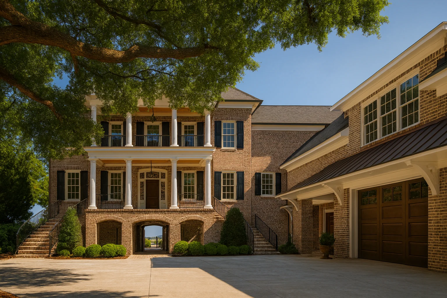Front exterior of a Georgian Colonial style brick home featuring symmetrical architecture, double stacked porches, classical columns, and a side-entry garage