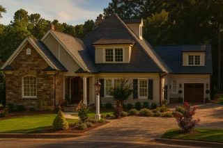 Front elevation of a French Country European style home featuring stone and stucco exterior, steep rooflines, dormers, and elegant architectural detailing