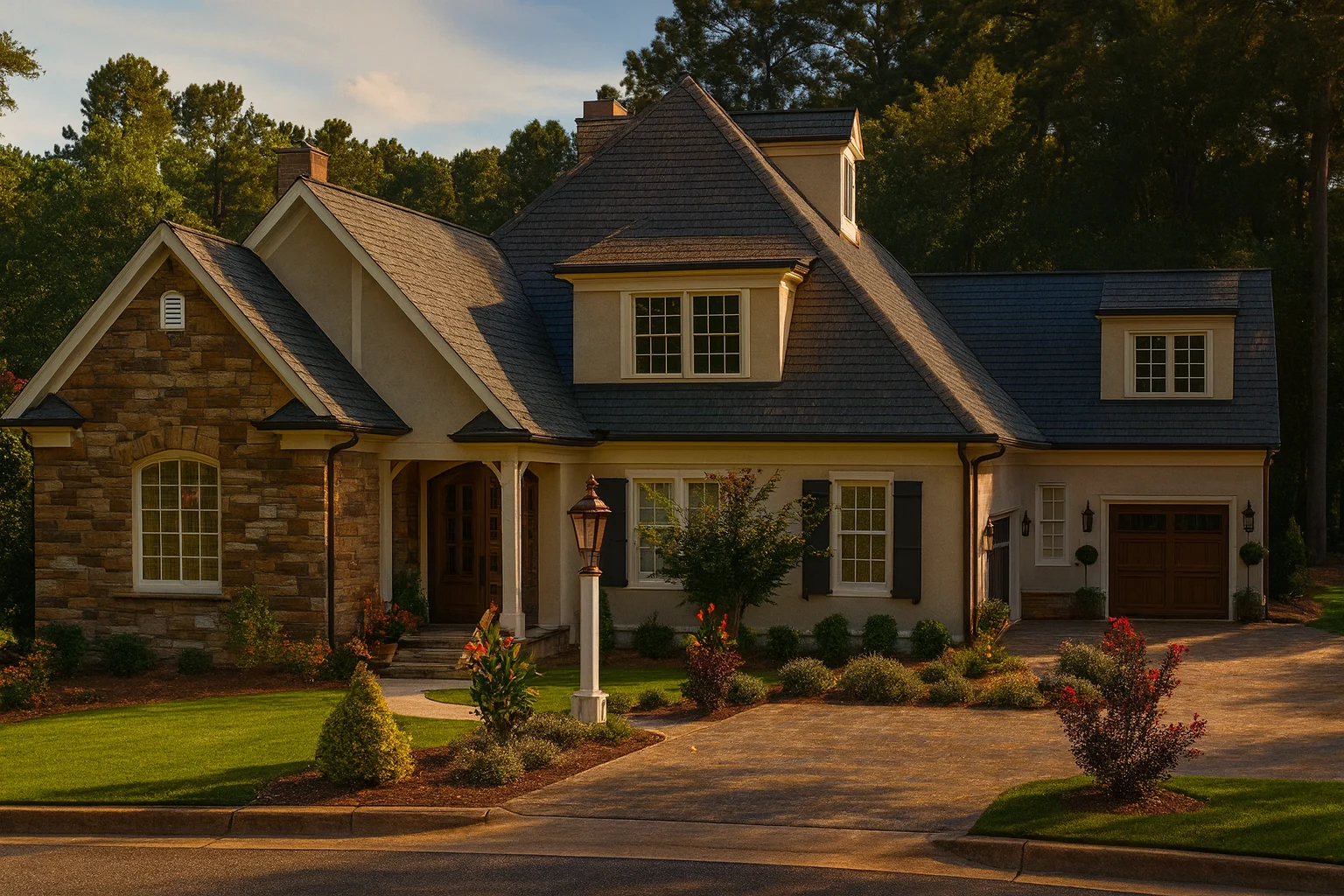 Front elevation of a New American Modern Traditional house with stone veneer, lap siding, dormer windows, and a covered entry porch
