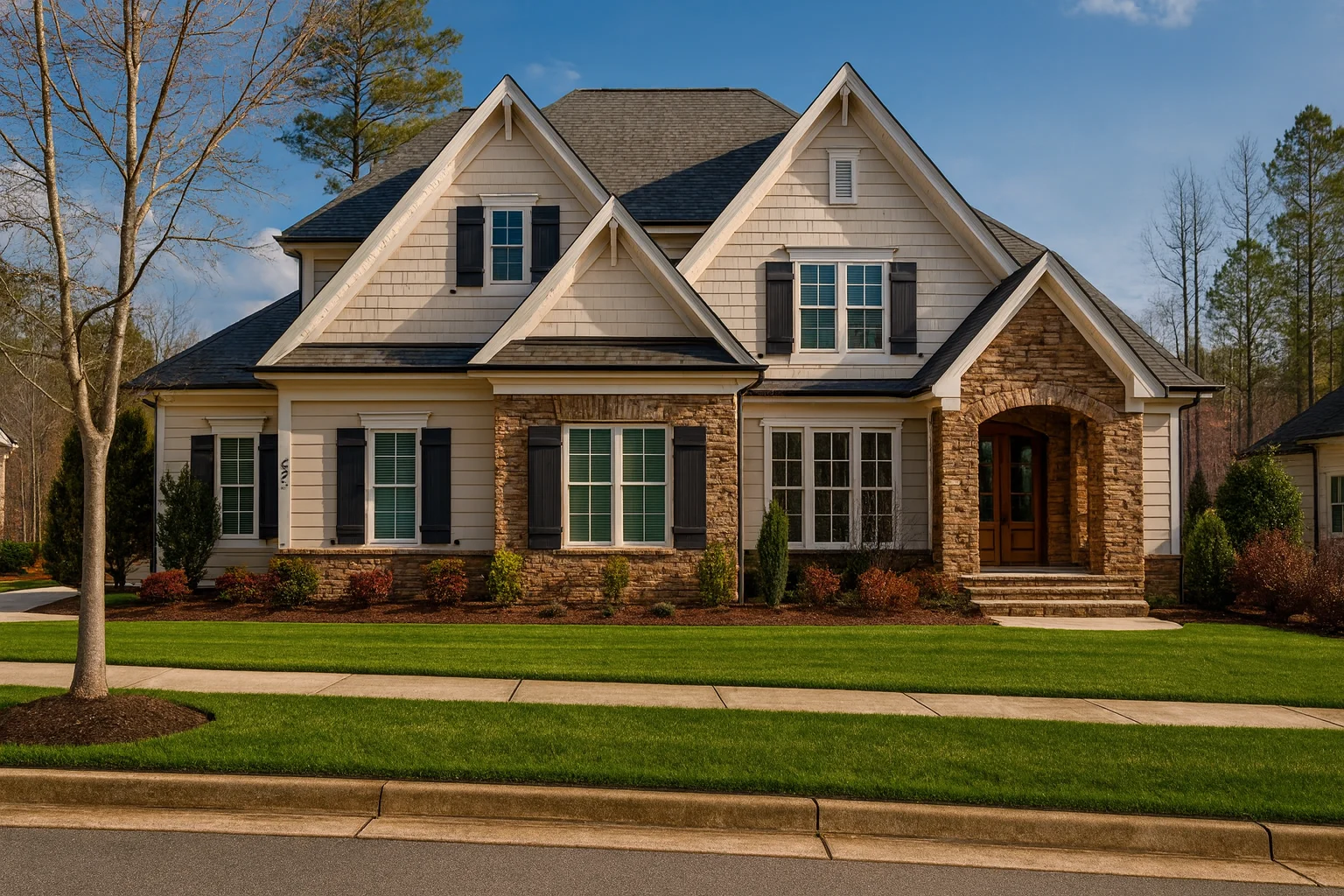 Front elevation of New American Modern Traditional house with stone veneer, lap siding, arched entry, and layered gables