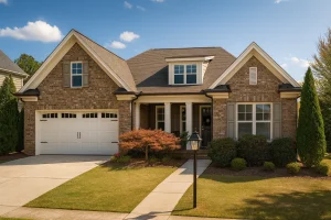 Front elevation of a Traditional Craftsman Ranch style home with brick exterior, white trim, dormer windows, and covered front porch entry