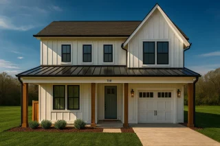Ranch House Plans 5 Front view of a modern farmhouse featuring board and batten siding, metal roof, wood porch columns, and a single-car garage