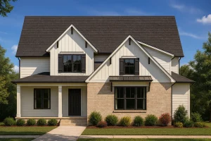 Luxury House Plans 4 Front elevation of a Modern Farmhouse featuring board-and-batten siding, brick accent façade, and black window trim with gabled rooflines