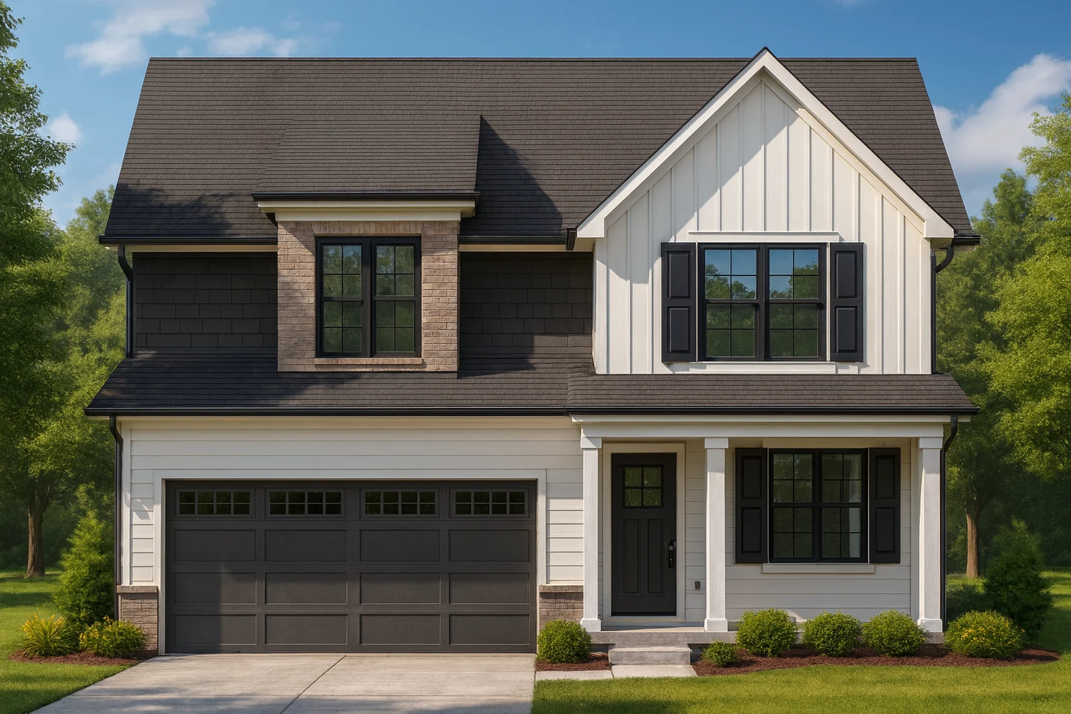 Country Farmhouse Plans 3 Front elevation of a Modern Farmhouse style home featuring board and batten siding, brick accents, black-framed windows, and a welcoming covered porch