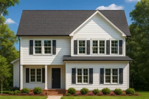 Luxury House Plans 2 Front elevation of a Traditional Colonial style home with white lap siding, black shutters, and a symmetrical two-story façade