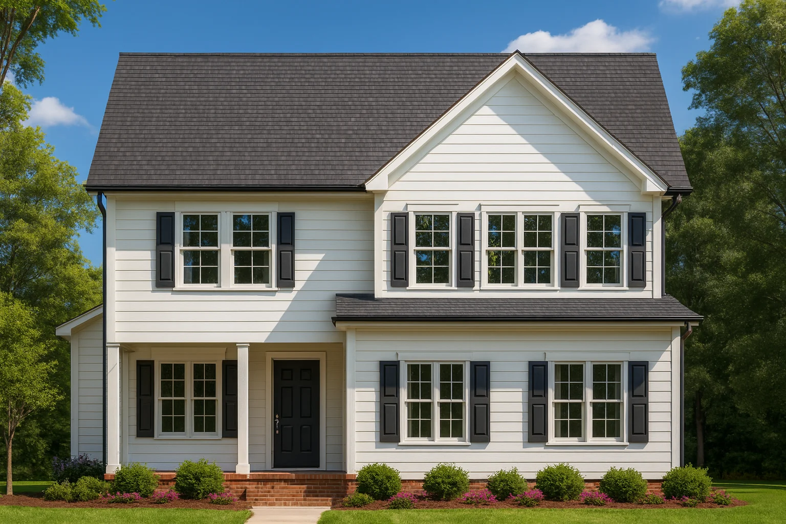 Country Farmhouse Plans 2 Front elevation of a Traditional Colonial style home with white lap siding, black shutters, and a symmetrical two-story façade