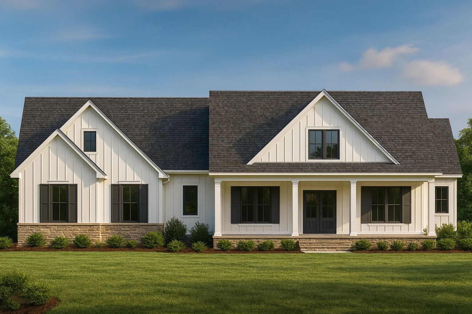 Front view of a Modern Farmhouse with white board and batten siding, stone base accents, and a welcoming covered porch