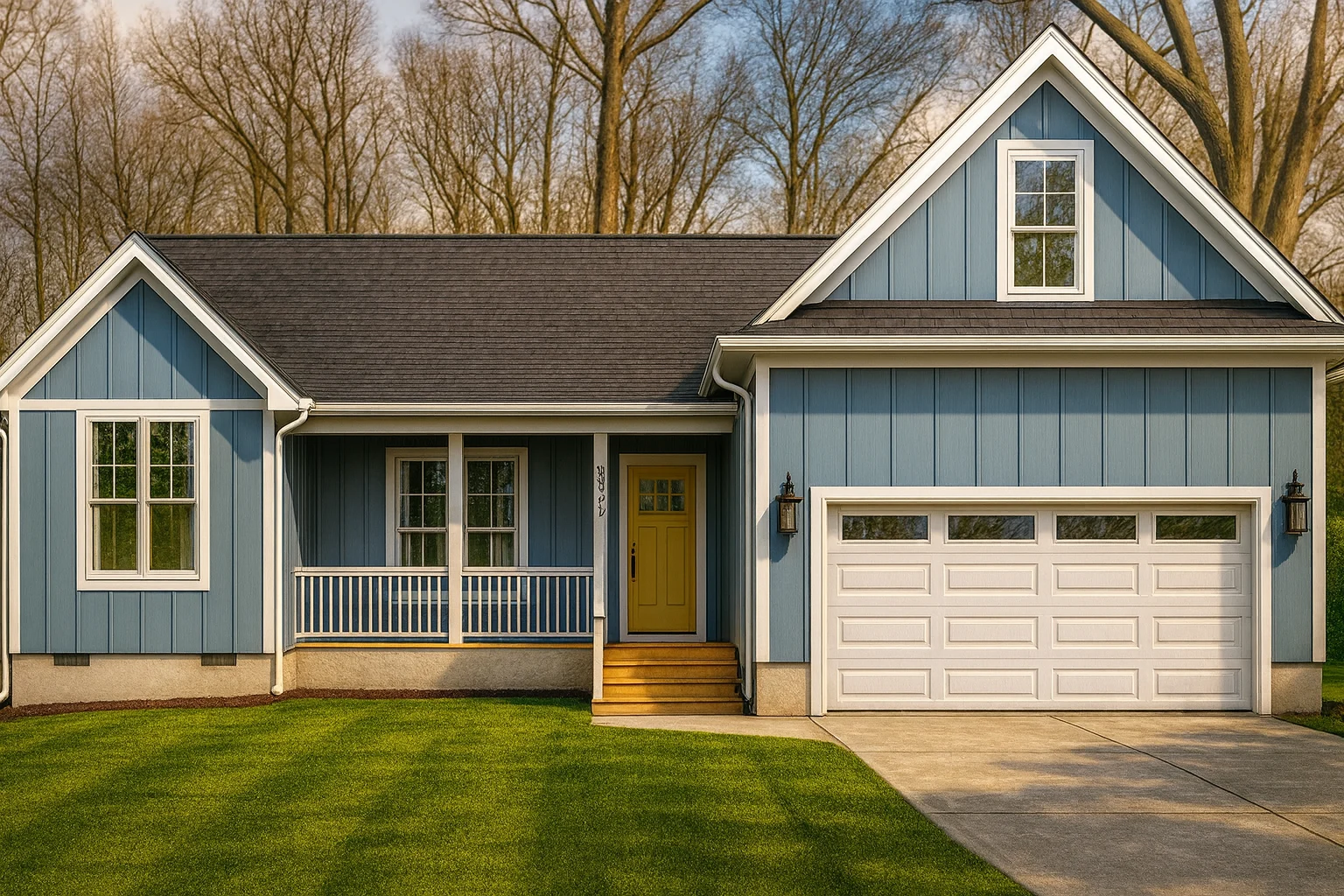 Front view of a Traditional Ranch and Craftsman Cottage style home with blue siding, board and batten accents, and inviting covered porch