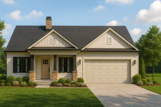 Front view of a Traditional Ranch style home featuring horizontal siding, stone porch columns, and a gable roof with an attached two-car garage