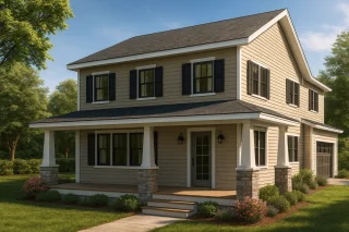 Front view of a Traditional Colonial home featuring horizontal siding, stone porch columns, and a welcoming wraparound porch