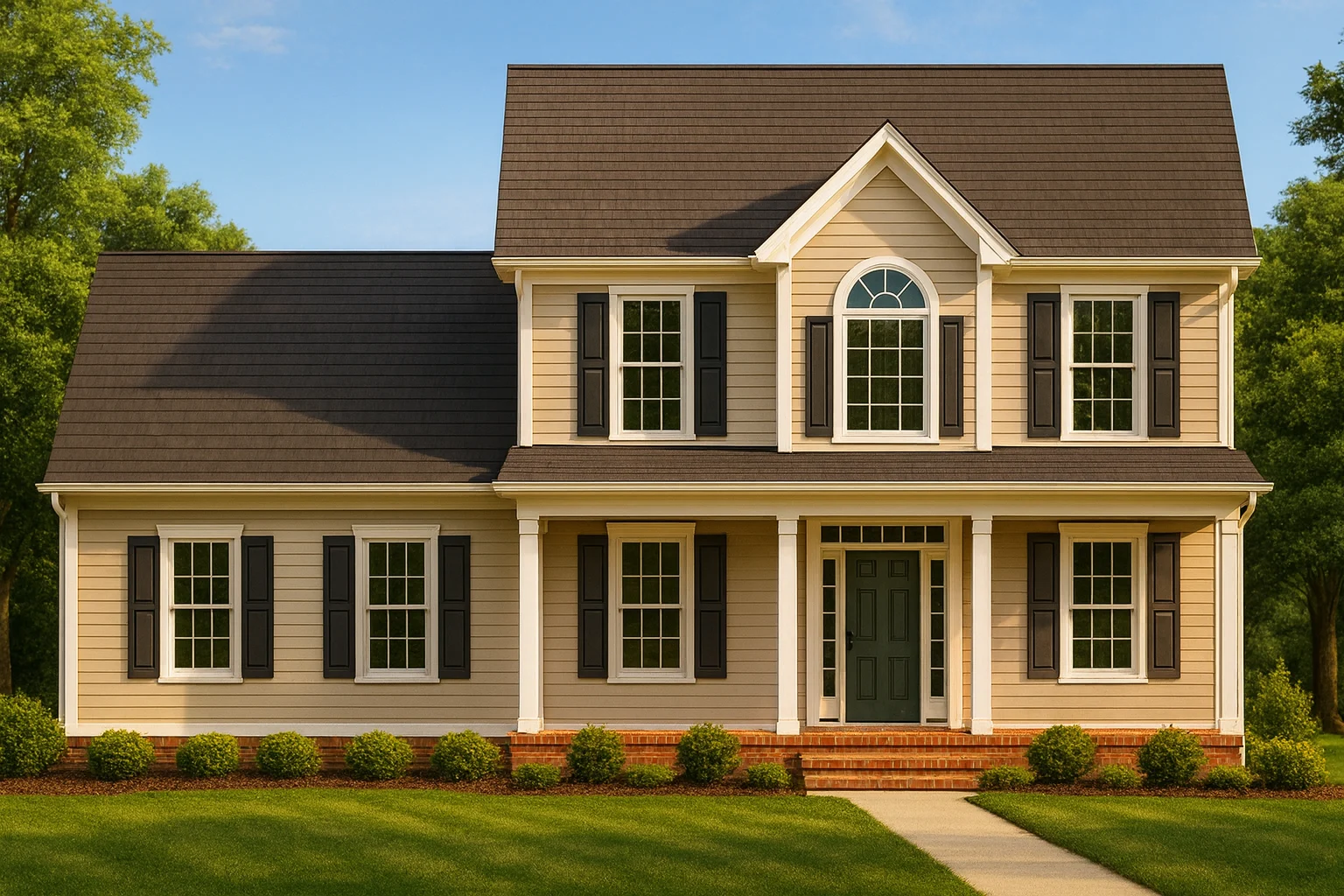 European House Plans 4 Front elevation of a Traditional Colonial home featuring beige horizontal siding, black shutters, brick foundation, and a symmetrical 2-story design with centered entryway.