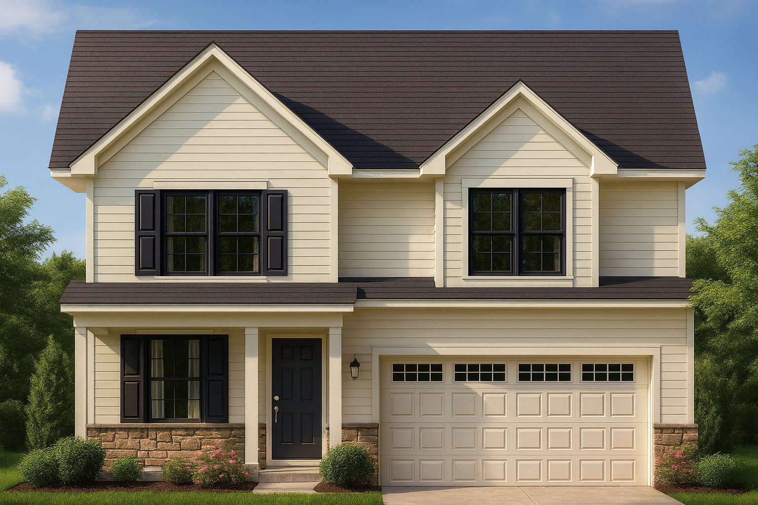 European House Plans 3 Front elevation of a Traditional Colonial Revival style house featuring horizontal siding, stone accents, black shutters, and a symmetrical two-story façade with an attached two-car garage.