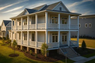 Front view of Charleston and Low Country style home featuring horizontal lap siding, brick foundation, and double wraparound porches