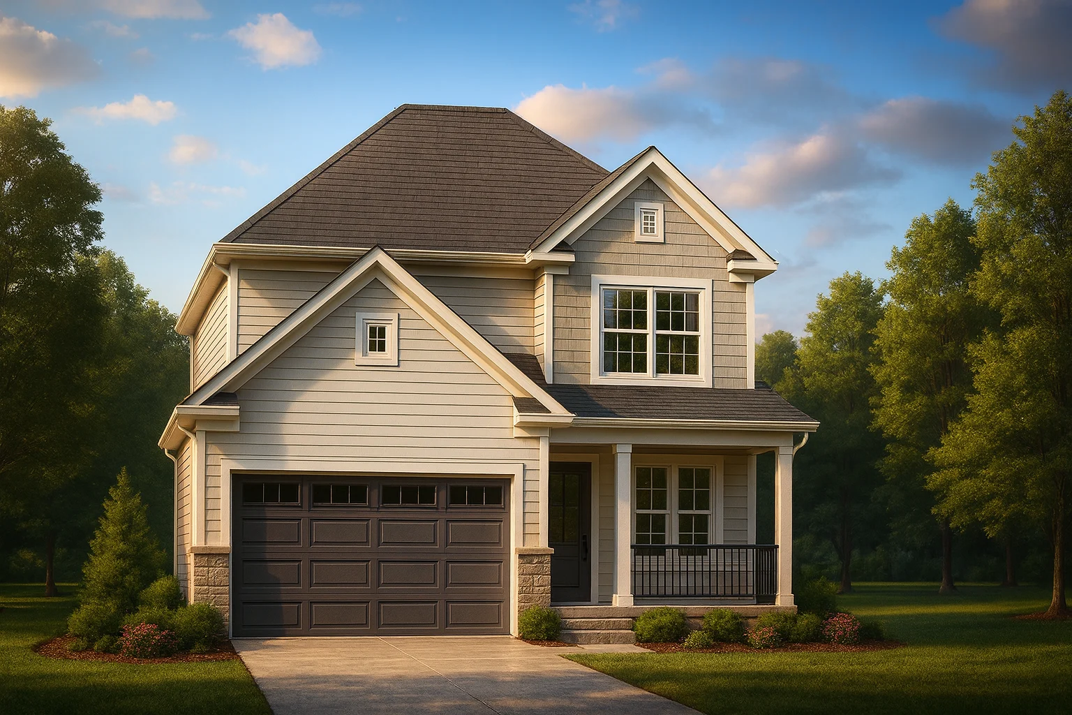 Front elevation of a Traditional Colonial-style two-story home featuring horizontal lap siding, brick foundation accents, and a welcoming covered porch
