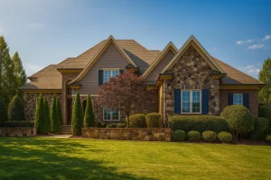 Front view of a Traditional European style house with stone and horizontal siding, steep gable roofs, and manicured landscaping