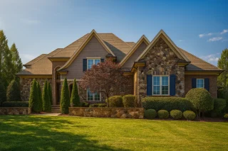 Front view of a Traditional European style house with stone and horizontal siding, steep gable roofs, and manicured landscaping