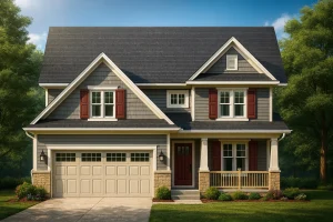 Front view of a two-story Traditional Craftsman style home featuring shake and lap siding, red shutters, and stone-accented porch columns