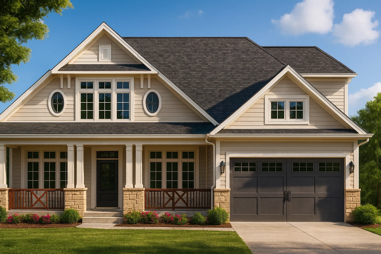 Front elevation of a Craftsman Traditional style home featuring stone accents, horizontal siding, and a covered porch with wood columns.