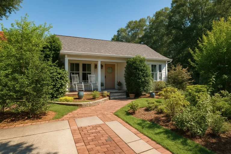 Transitional House Plans 15 Front elevation of traditional ranch cottage style home with horizontal lap siding, covered porch, rocking chairs, and landscaped brick walkway