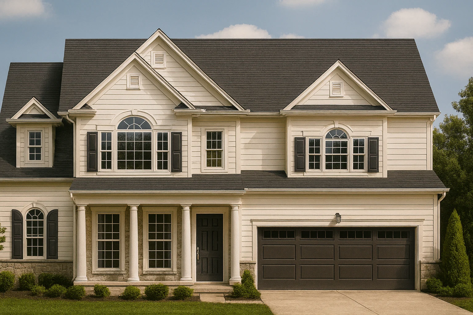Front elevation of a Traditional Colonial style two-story home with horizontal lap siding, symmetrical windows, gabled roof, and attached garage