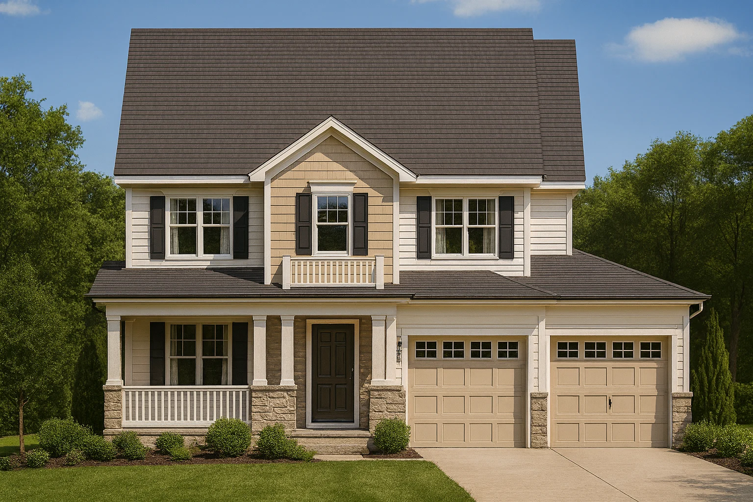 Front elevation of a New American style two-story house with horizontal siding, shingle accents, stone base, covered porch, and attached garage